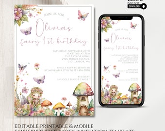 Invitación de cumpleaños de hadas editable: Fiesta en el jardín con acuarela (imprimible/móvil)
