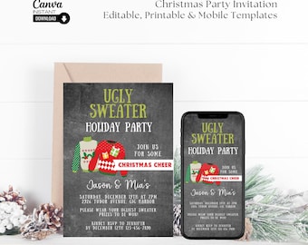May include: A printable invitation for an Ugly Sweater Holiday Party. The invitation features a chalkboard background with a festive red and green sweater design. The text reads "Ugly Sweater Holiday Party" and includes details about the event, such as the date, time, and location. The invitation also includes a mobile version for easy sharing.