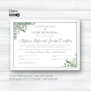 Bearbeitbares Gelübde Erneuerungszertifikat, druckbare Hochzeitszertifikatsvorlage, Heiratsurkunde, Hochzeitsandenken, Heiratsurkunde