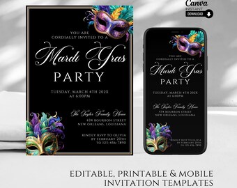 May include: Editable Mardi Gras party invitation templates with a black background and gold accents. The invitation features a purple, green, and gold masquerade mask. The text on the invitation reads "You are cordially invited to a Mardi Gras Party".