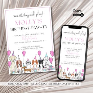 Editable Dog Birthday Party Invitation Template, Printable Puppy Pawty Invite, Instant Download Digital Doggy Party Evite, Canva Template