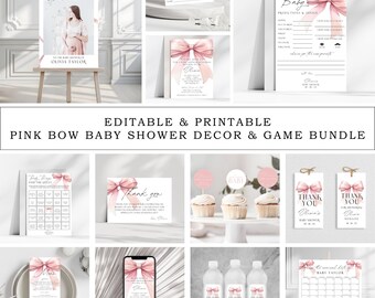 Pink Bow Baby Shower Bundle: Invitation, Games, Decor (Printable)