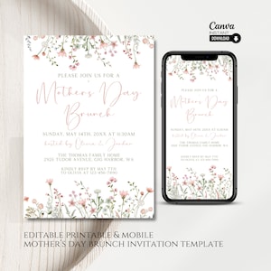 Convite editável para brunch de dia das mães, convite para brunch de dia das mães para impressão, modelo móvel de convite para dia das mães, convite editável