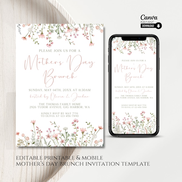 Editable Mothers Day Brunch Invitation, Printable Mother's Day Brunch Invite, Mobile Mothers Day Invitation Template, Editable Invitation