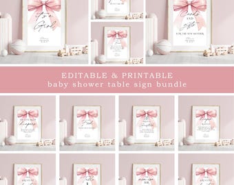 Pink Bow Baby Shower Sign Bundle: Editable Printable Decor (It's a Girl)