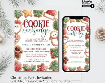 May include: A printable Christmas cookie exchange party invitation with a festive design featuring gingerbread cookies, candy canes, and ornaments. The invitation includes the text "Cookie Exchange" and details about the event, including the date, time, and location. A mobile version of the invitation is also shown.