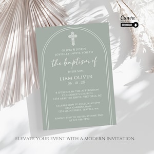 Sage Green Minimalist Baptism Invitation, Editable Christening Invite, Printable Baptism Invite, Printable Invitation, Baptism Template