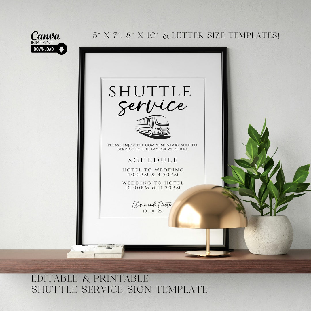 Editable Wedding Shuttle Service Sign Template, Printable Wedding Transportation Schedule Sign ...