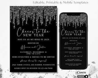 May include: Black and white New Year's Eve party invitation featuring a silver glitter design. The invitation reads "Cheers to the New Year" and includes details about the party, including the date, time, location, and RSVP information.