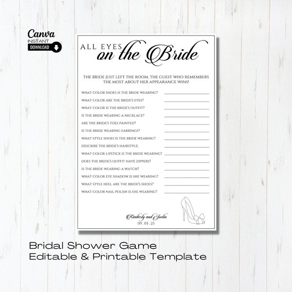 Editable Bridal Shower Game, Printable Minimalist Wedding Shower Game Template, Guess the Bride Outfit Game, All Eyes on the Bride, Canva