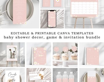 Boho Daisy Baby Shower Invitation Bundle: Pink Floral Decor (Editable Canva Template)