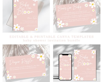 Baby in Bloom Shower Invitation Bundle, Retro Daisy, Pink (Canva Template)