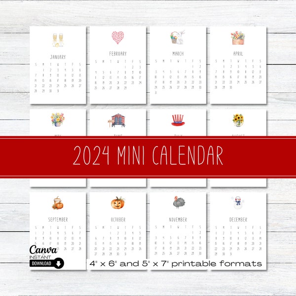 2024 Mini Desk Calendar, Printable Desk Calendar, Monthly Calendar Template, Mini Easel Calendar, Editable Calendar, Christmas Gift, Canva