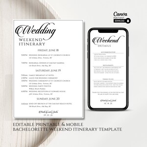 Modelo de Roteiro de Casamento Minimalista: Planejador de Fim de Semana para Imprimir (Canva)