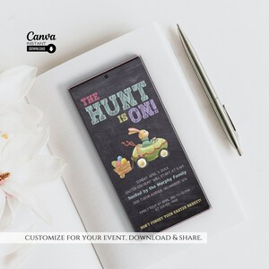 May include: A chalkboard-style invitation for an Easter egg hunt. The invitation features a cartoon bunny driving a green car with a basket of eggs. The text reads "The Hunt is On!" and includes the date, time, and location of the event.