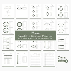 May include: A 19-page wedding seating planner template with editable and printable layouts. The template includes various table seating arrangements, guest lists, and seating charts. The template is designed with a minimalist aesthetic and features a green leaf design.