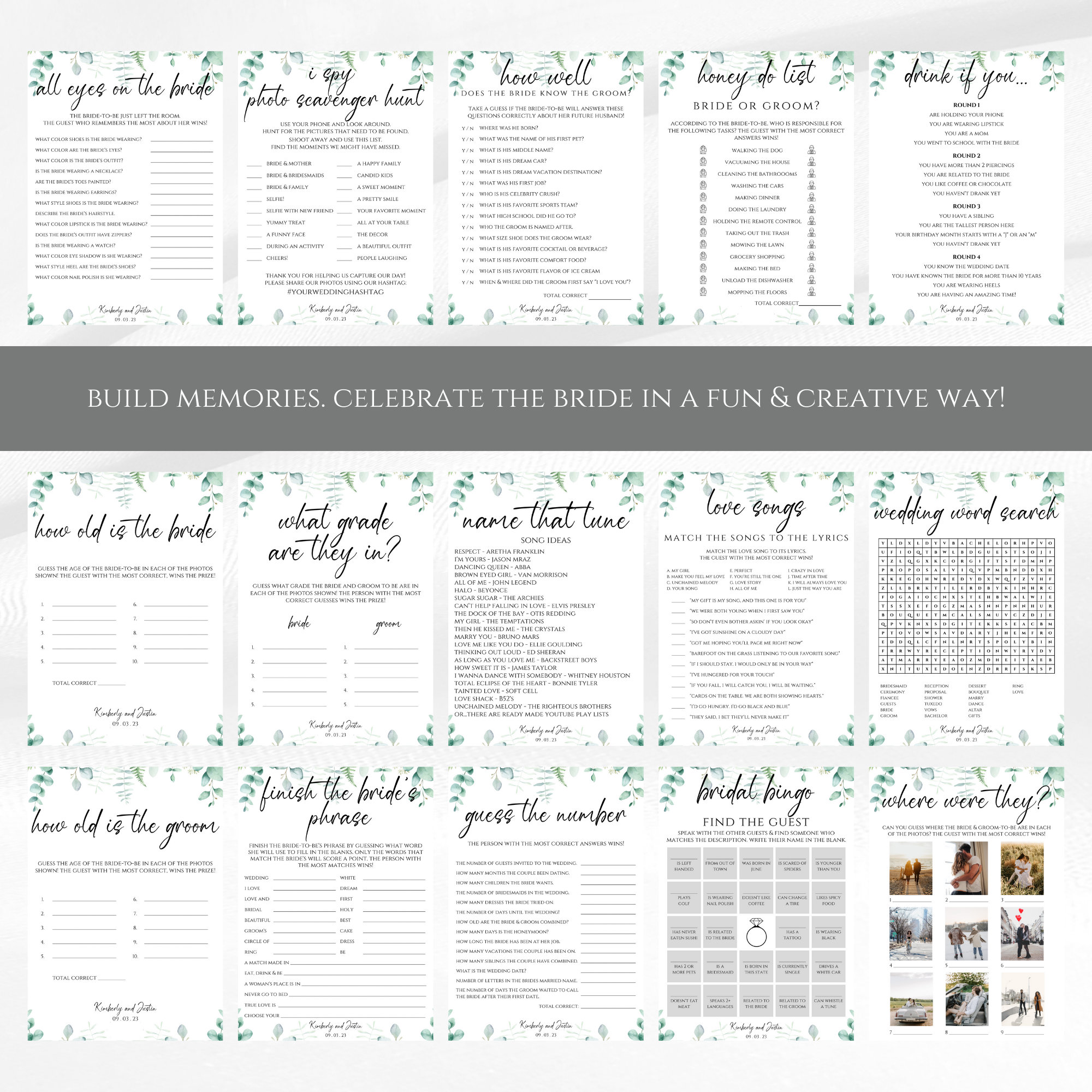Editable Bridal Shower Game Bundle, Printable Greenery Wedding Shower ...