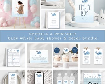 Baby Whale Shower Bundle: Invitation, Games, Decor (Canva Template)