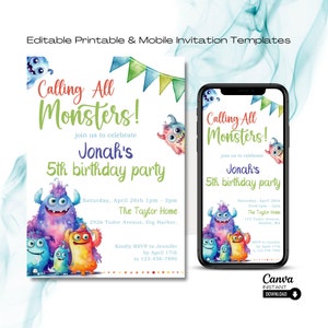Bearbeitbare Monster-Geburtstagsfeier-Einladungsvorlage, druckbares kleines Monster-Geburtstagskind einladen, alle Monster Evite nennen, Canva