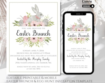 Easter Egg Hunt Invitation: Watercolor Bunny, Editable Template (Digital Download)