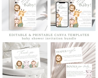 Safari Baby Shower Invitation Bundle: Jungle Animals (Printable Canva Template)