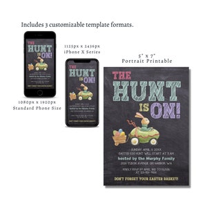 May include: A customizable Easter egg hunt invitation template with a chalkboard background. The text reads "The Hunt is On!" with a bunny in a car. The invitation includes the date, time, location, and RSVP information.