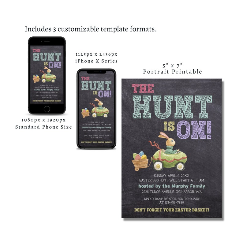 May include: A customizable Easter egg hunt invitation template with a chalkboard background. The text reads "The Hunt is On!" with a bunny in a car. The invitation includes the date, time, location, and RSVP information.