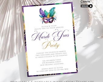 May include: A printable Mardi Gras party invitation template. The design features a purple and gold border, a mask with feathers, and event details. The text includes "Mardi Gras Party" and RSVP information.