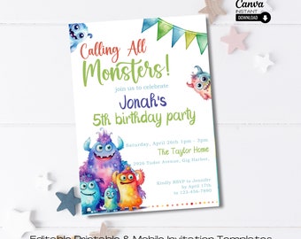 Editable Monster Birthday Party Invitation Template, Printable Little Monster Birthday Boy Invite, Calling All Monsters Evite, Canva