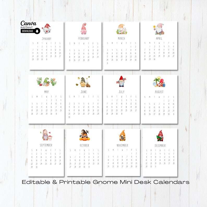 2024 Gnome Mini Desk Calendar Printable Desk Calendar Etsy