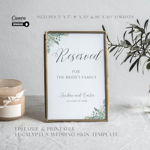 Reserved Wedding Table Signs Template, Bride's Family Sign, Reserved for Family Table Sign, Minimalist Wedding Table Sign, Instant Download