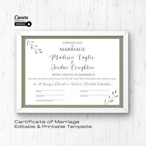 Plantilla de certificado de boda editable, certificado de matrimonio imprimible, recuerdo de boda, certificado editable, certificado de matrimonio, Canva