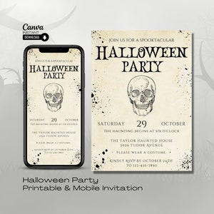 Editable Halloween Party Invitation: Printable Skull Evite (Canva)