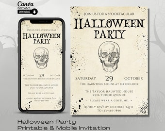 Editable Halloween Party Invitation: Printable Skull Evite (Canva)