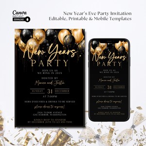 Bearbeitbare Silvester-Einladung: Schwarz und Gold Party Evite (Instant Download)