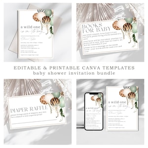 Lot d'invitations pour baby shower modifiable Wild One On The Way, modèle de carte de billets de tombola pour couches et livres Safari imprimables pour bébé