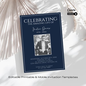 Celebration of Life Invitation, Funeral Announcement, Editable Memorial Service Template, Memorial Invitation, Funeral Evite, Funeral Invite