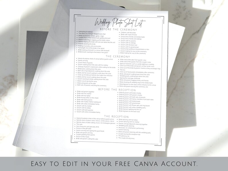 Editable Wedding Photography Checklist Photographer Form - Etsy