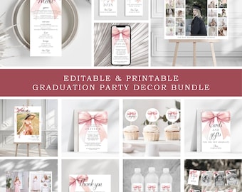 Decoración para fiesta de graduación con lazo rosa: invitación y cartel editables (plantilla de Canva)