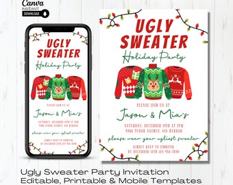 May include: Two printable invitations for an Ugly Sweater Holiday Party. The invitations feature a festive red and green color scheme with illustrations of Christmas sweaters. The text on the invitations reads "Ugly Sweater Holiday Party" and includes the date, time, and location of the party.