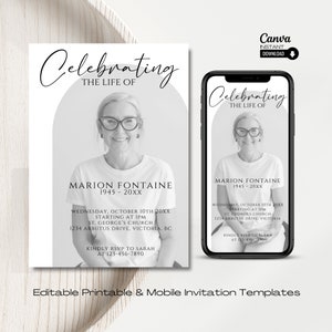 Celebration of Life Invitation, Funeral Announcement, Editable Memorial Service Template, Memorial Invitation, Funeral Evite, Funeral Invite