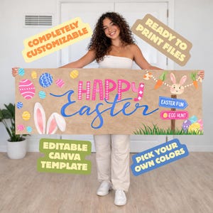 Peut inclure: Une grande bannière de Pâques avec les mots "Happy Easter" en rose et bleu, décorée d'œufs de Pâques, d'oreilles de lapin et de carottes. La bannière comprend également le texte "Completely Customizable", "Ready to Print Files", "Editable Canva Template", et "Pick Your Own Colors".