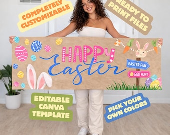 Pancarta imprimible de Feliz Pascua de 60 x 180 cm | Decoración para fiesta de búsqueda de huevos | Pancarta para fiesta de primavera | Fondo para fotomatón | Decoración de conejitos