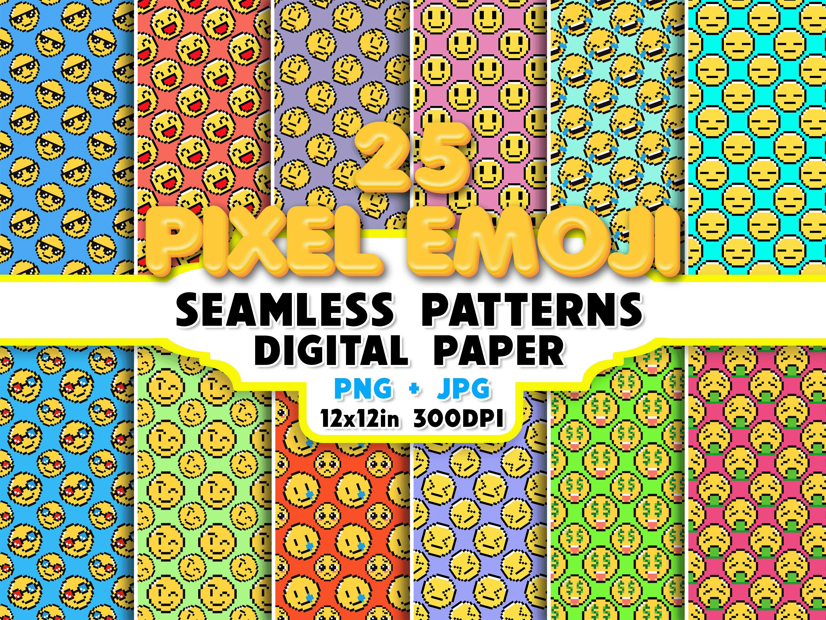 25 Pixel Emoji Seamless Patterns Digital Paper Emoji Clipart Etsy UK