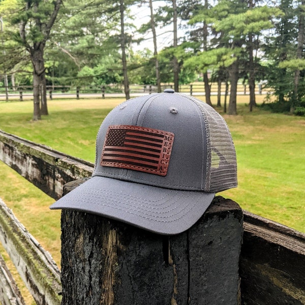 American Flag Hat for 4th of July, USA Custom State Trucker Hat, American Cap with Leather Patch, Hat for the Most Patriotic Individual