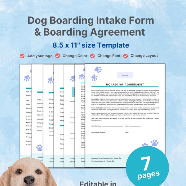 Pet Sitting Forms, Printable Dog Boarding Registration, Dog Boarding Contract, Pet Care Template, Dog Kennel Contract, Simple Pet Boarding