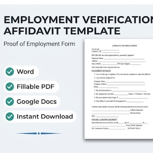 Puede incluir: Una plantilla de declaración jurada de verificación de empleo con el título "Employment Verification Affidavit Template" y el texto "Proof of Employment Form". La plantilla está disponible en formatos Word, PDF rellenable y Google Docs, con descarga instantánea.