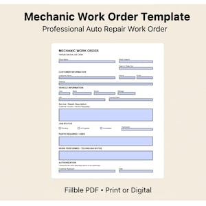 Mechanic Work Order Template – Auto Shop Work Order Form | Fillable PDF Vehicle Repair Job Sheet