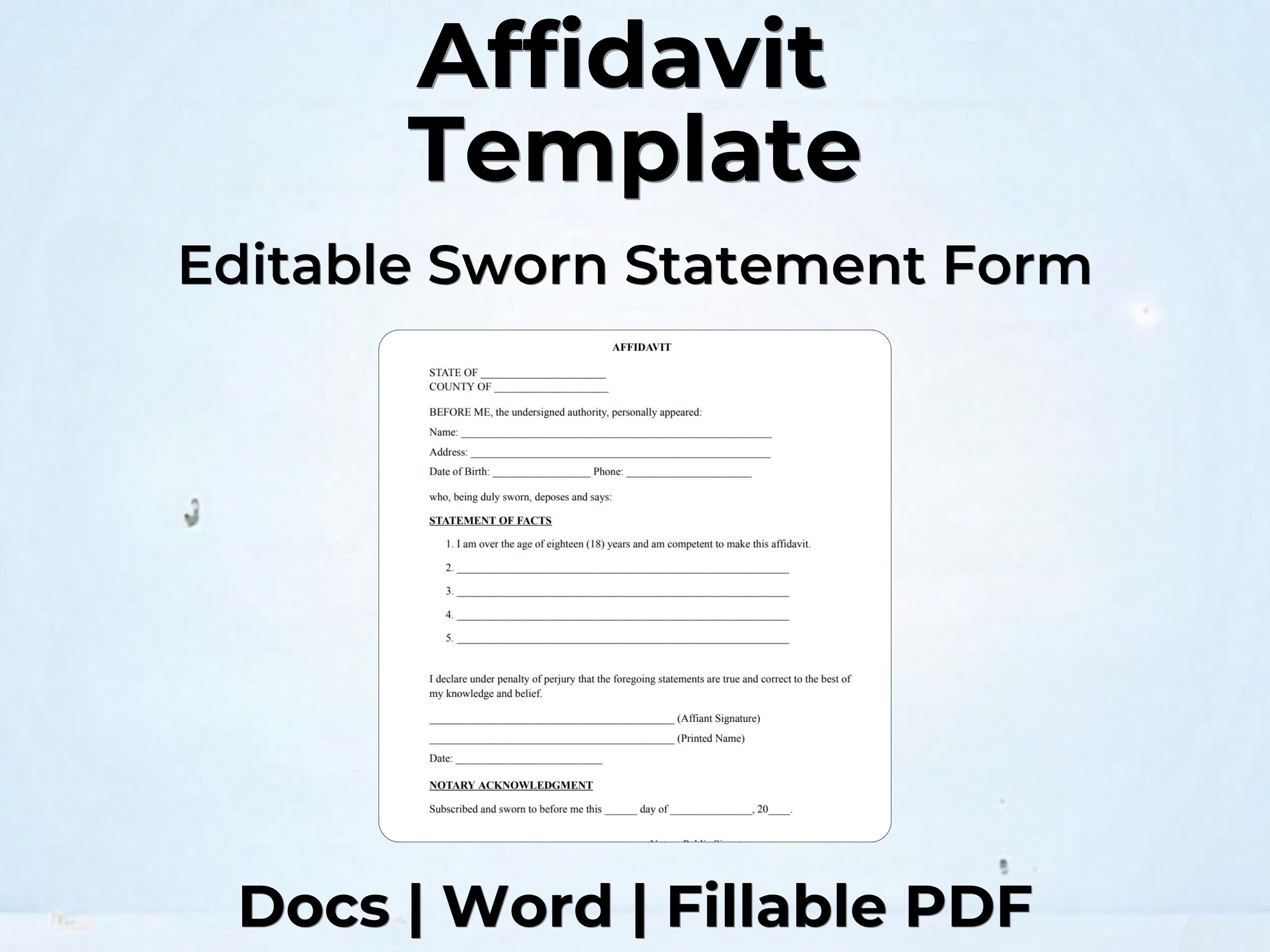 Affidavit Template | Editable Sworn Statement Form | Notarized Legal ...