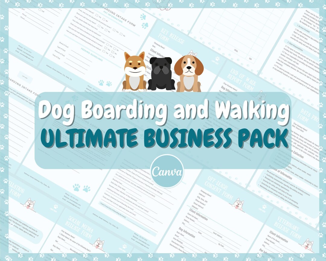 Dog Boarding Business Forms Bundle, Dog Boarding Agreement, Dog Walking Service, 50 Pages